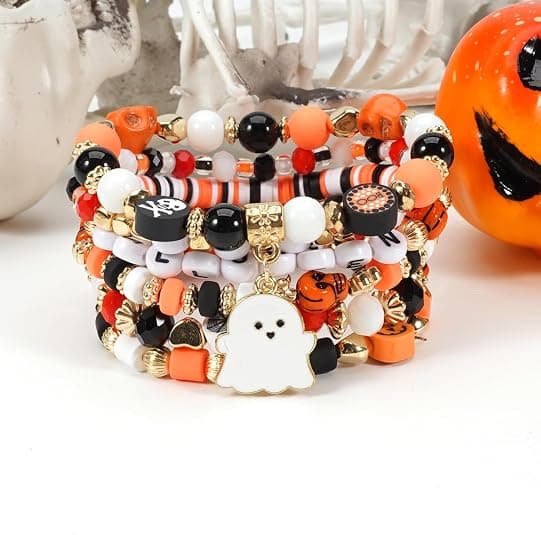 Halloween Bracelet Stackable Black Stone Bead Elastic Bracelet A