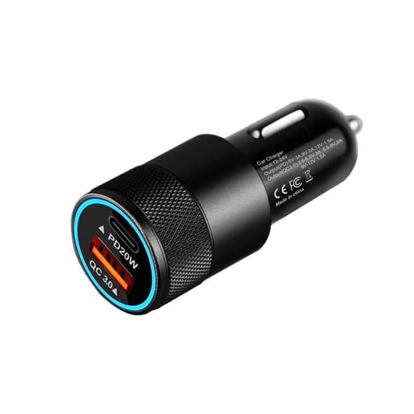 38W Dobbelt Biloplader 20W USB-C & 18W USB-A QC3.0 Sort M