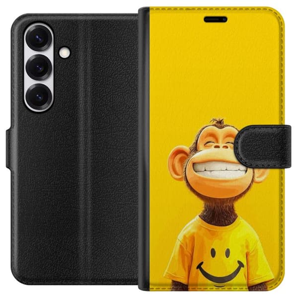Compatible Wallet Case for Samsung Galaxy S25 Smiling Monkey in Yellow Background