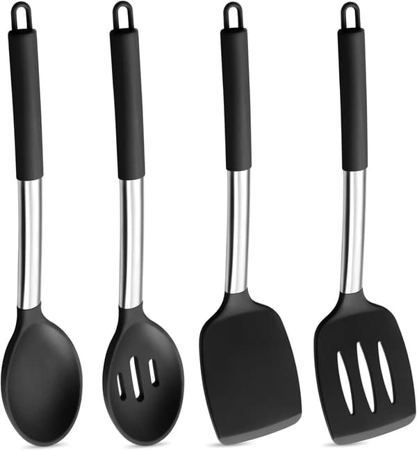 Black Kitchen Utensil Set, 4 Pieces, Silicone Spatulas, Solid Spoons, Turners for Non-stick Cookware, Flipping, Mixing, Heat Resistant