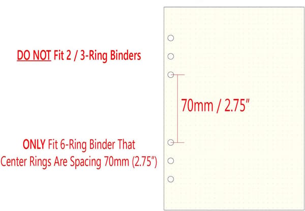 A5 6-hulls ringperm/planlegger påfyllingspapir for Filofax, 6 hull, 45 ark/90 sider, prikket