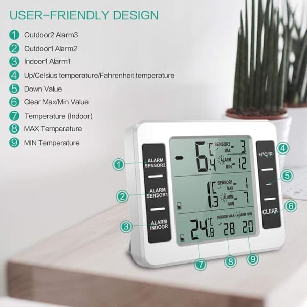 Refrigerator and Freezer Thermometer, Wireless Refrigerator Thermometer with 2 Sensors, for Home Kitchen Restaurant Thermometer
