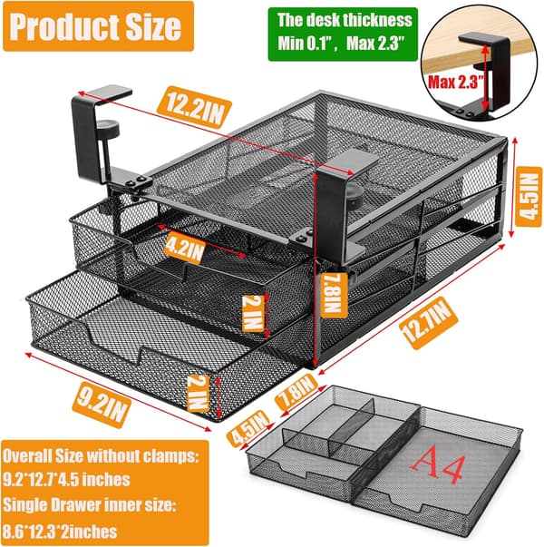 Under-desk Pull-out Drawer Organizer, 2-Tier Metal Clamp-on Storage Drawers for Home Office, Black, No Drilling