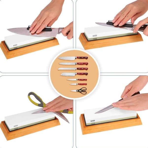 Professional Multipurpose Sharpening Stone, Double-Sided 1000/6000 Grit, Non-Slip Silicone Mount Ensures Stability, Bamboo Base Included for Secure &