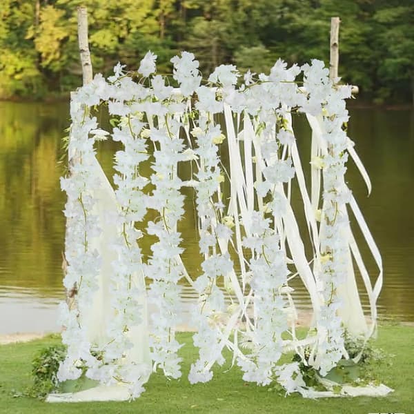 Kunstig kirsebærblomstkrans, 1,8 m, hvite silkeranker, for bryllups- og hagedekorasjon, 3 stk.