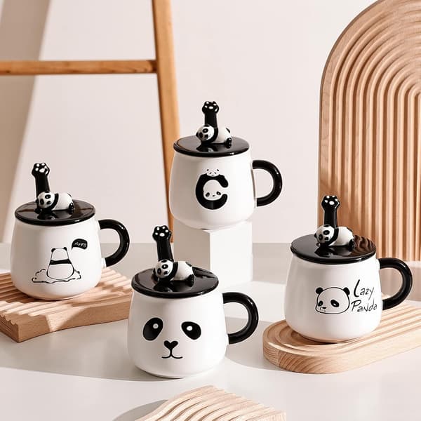 Panda Krus Søt Keramisk Kaffekopp med 3D Panda Søtt Lokk og Rustfritt Stålskje Nyhetskrus Gave til Pandaelskere