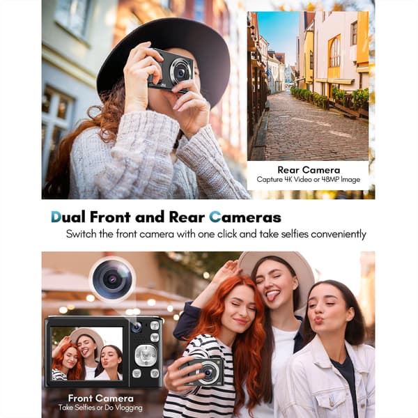 4K HD digitalkamera med front- og bagkamera og stabilisering Hvid