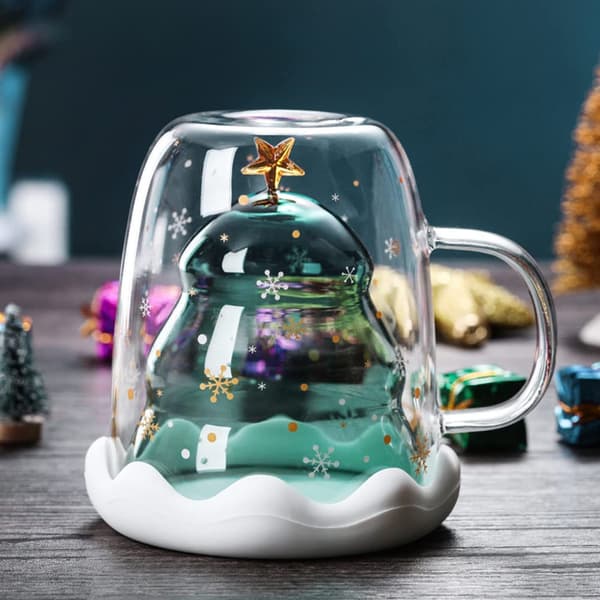 Jul-tema dubbelväggig isolerad glasmugg (med lock) - 300 ml söt presentmugg, lämplig för kaffe och te