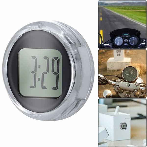 White Waterproof Motorcycle Clock with Thermometer, Self-Adhesive Car Socket Mount Car Display Outdoor Temperature with LCD Screen