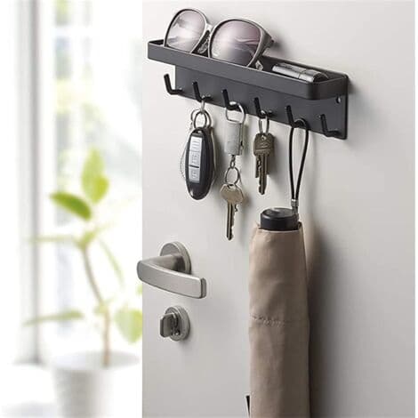 Wall Mounted Key Holder with 6 Hooks, Self-Adhesive Decorative Wall Key Rack, Small Wall Shelf for Home, Stainless Steel Key Organizer Dark Grey