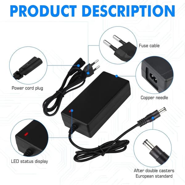 Elektrisk sykkel-lader med 6 batteriladerkontakter - Universallader 36V/42V 2A - Batterilader - for hoverboard