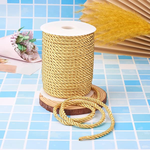 32 Yards 5 mm Gold 3-Ply Polyester Twisted Cords Decorative Rope Plastic Lock Hand String Macrame String for Crafts Curtain Tiebacks Making Party Gold