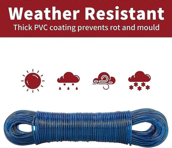 50m Clothesline Strong Steel Core Laundry Clothesline - Rot, Mildew & Weather Resistant