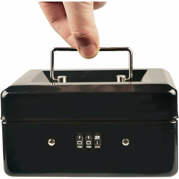 Small Cash Box with Combination Lock? Durable Metal Coin Box with Lockable Storage Tray, 15 × 12 × 8 cm (Black)