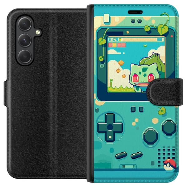 Compatible Wallet Case for Samsung Galaxy A35 Retro handheld game console with pixel graphics and cute green character in nostalgic game style