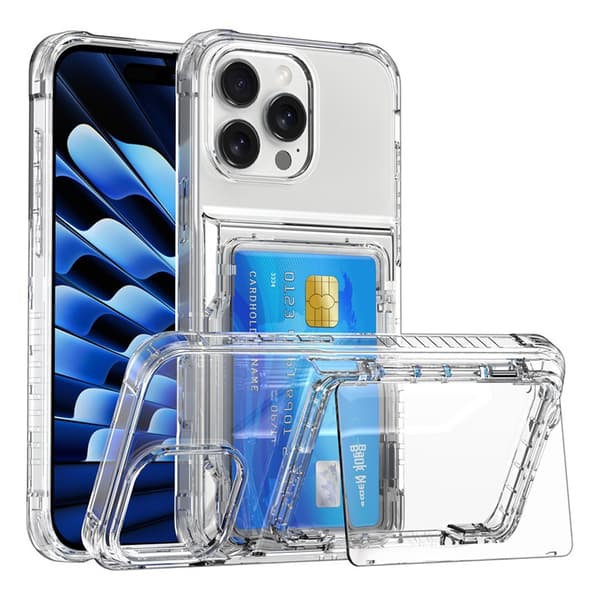 iPhone 16 Pro Cover med Stativ og Kortholder, Gennemsigtig