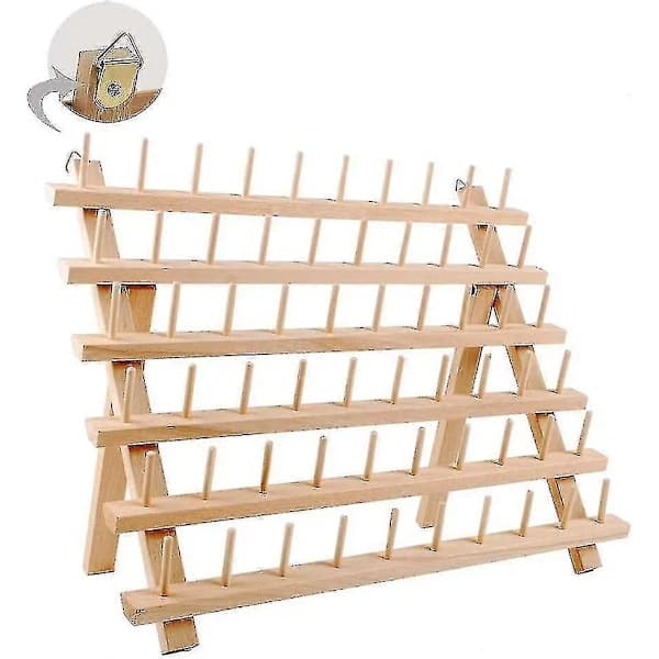 Wooden Holder for 60 Spools, Sewing and Embroidery Thread Rack and Organizer, Thread Stand for Sewing with Hanging Hooks
