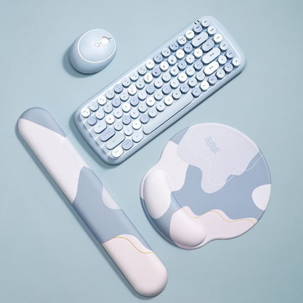 Tastaturmusematte Sett Ergonomisk Silikonmusematte med Minneskum Tastatur Håndleddsstøtte for Datamaskin Rund, Blå