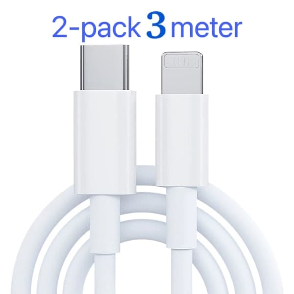 2-pakning lader for iPhone - USB-C - Kabel / Ledning - 20W - 3m - Hurtiglader Hvit