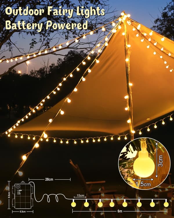 Battery Operated LED String Lights, 6m 40 LED Warm White Globes Outdoor String Lights, IP65 Waterproof LED Balls Battery Powered