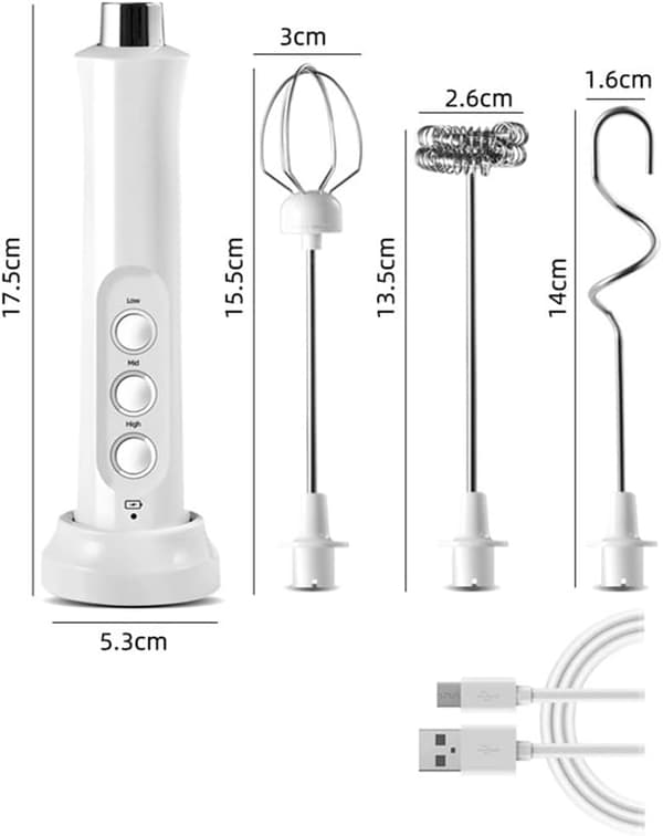 Mælkeskummer - elektrisk mælkeskummer - USB-genopladelig mælkeskummer - 3-hastigheds elektrisk skummer - med piskeris i rustfrit stål