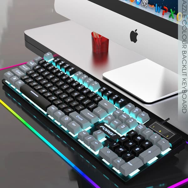 Gaming Keyboard Compatible with Logitech, Wired Backlit Color-Matching Mechanical Feel Keyboard Black+Grey