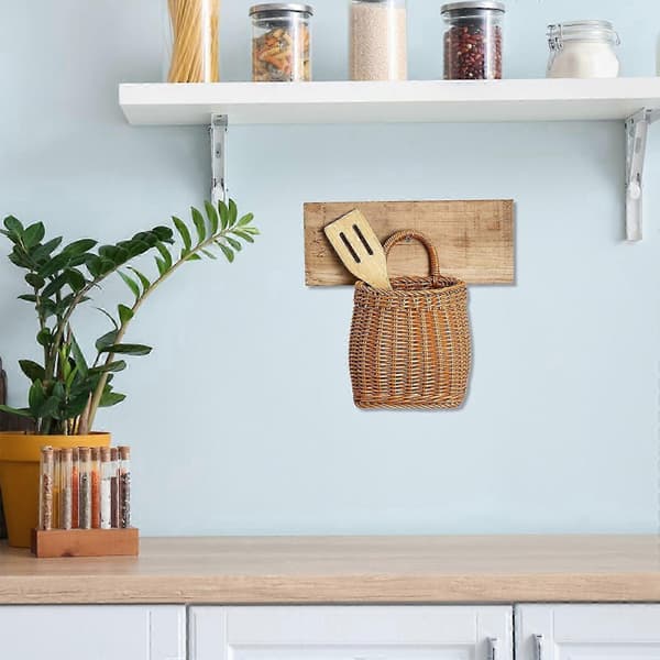 Imitation Rattan Woven Wall Basket, Durable Plastic Storage Solution for Kitchen, Brown, 1 Set