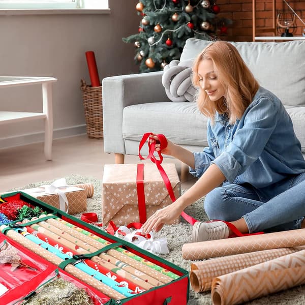 Christmas Storage Bag for Wrapping Paper Rolls, Ribbons, Bows 103x36x15.4 cm, Waterproof Durable PE Material, Red Organizer Storage Solution