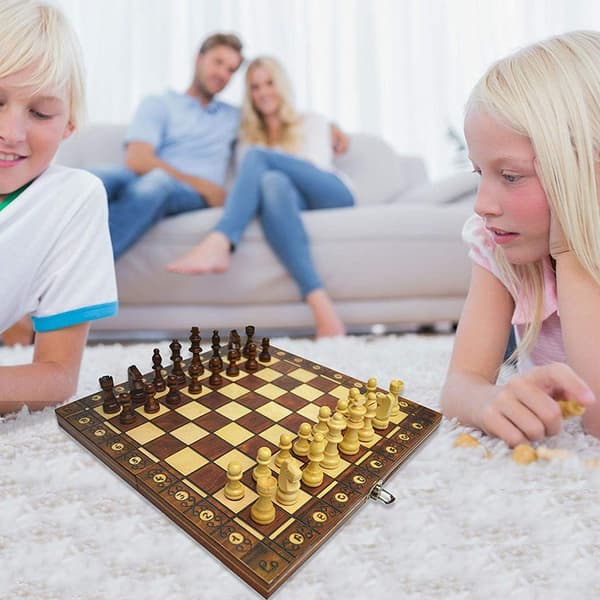 3-i-1 Trä Schackspel Bärbar Schackset Schack Backgammon Damspel för inomhus Trä Schackspel