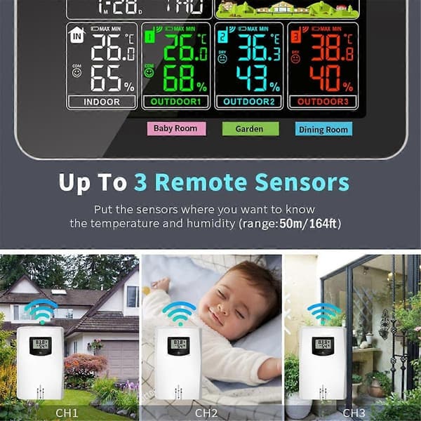 Temperatur Luftfugtighed Trådløs Sensor Hygrometer Elektronisk Digital Termometer Indendørs/Udendørs med Vejrstation Sort-Perfet