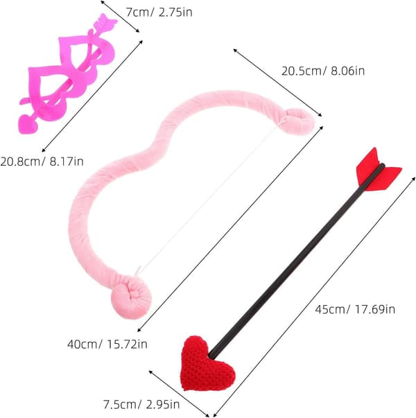 Valentine's Day Heart Bow and Arrow Set with Feather Glasses, Romantic Pink Plastic Velour Material