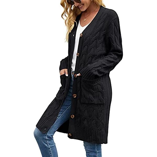 Women's Long Cardigan, Cable Knit Sweater, Long Sleeve Open Front, Button Down Cardigans with Pockets for Fall Winter Wine Red S