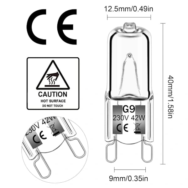 12-pack G9 halogen bulbs 42W 230V 2800K warm white 580lm, clear capsule halogen bulbs dimmable, no strobe, no flicker