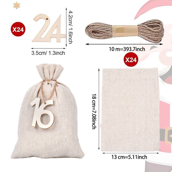 Bomullsjulegavepose med snøring, nedtelling 1-24, julegavepose, adventskalenderpose