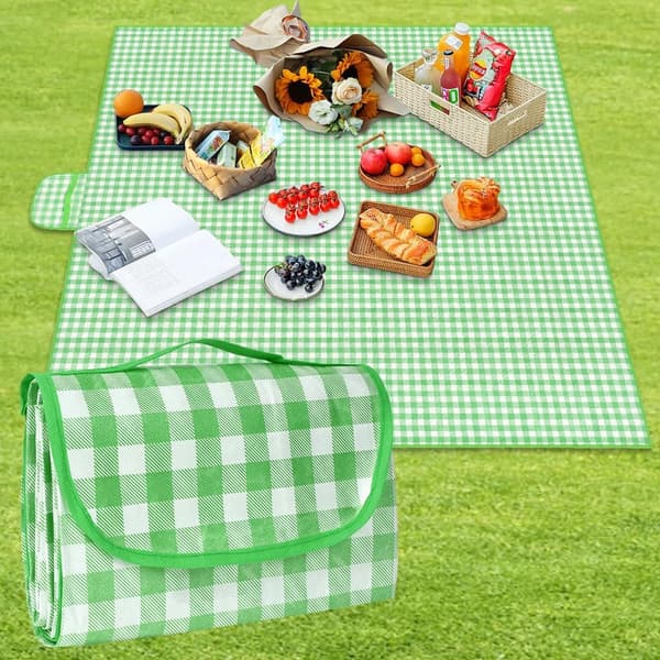 Picknickteppe, ekstra stort tartan picknickmatte med bærehåndtak, sammenleggbart og bærbart (200*200cm) (grønn)