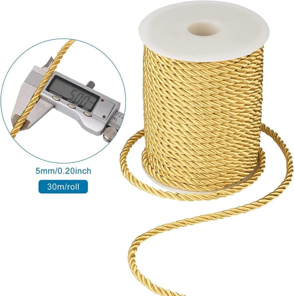 32 Yards 5 mm Gold 3-Ply Polyester Twisted Cords Decorative Rope Plastic Lock Hand String Macrame String for Crafts Curtain Tiebacks Making Party Gold