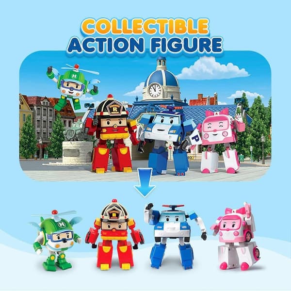 SBSG Robocar Poli 4-pakning Poli + Amber + Roy + Helly Transformerende Robotleker, 10 cm Transformerende