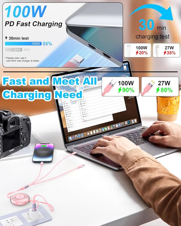2025 Seneste Model 100W USB C Multi USB-kabel, 3-i-2 USB-kabel, Udtrækkeligt Hurtigt USB iPhone Opladerkabel, Flere Micro USB Type C iPhone