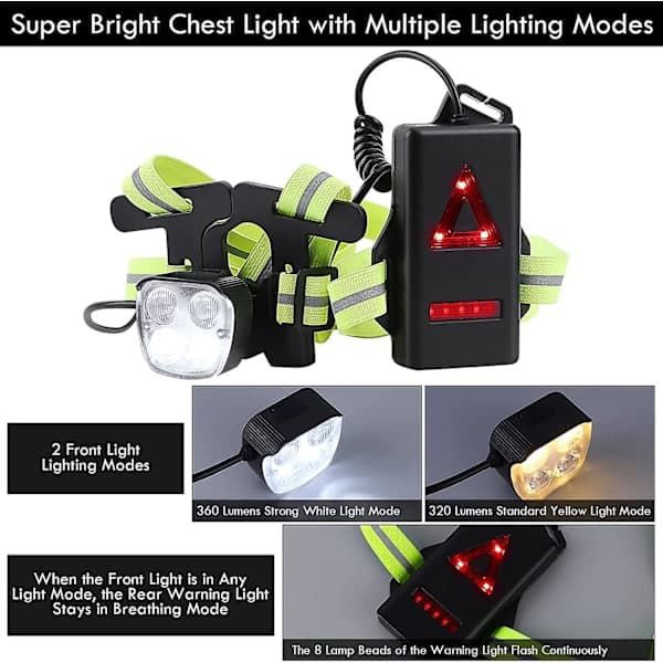 Running Light for Runners, 360 Lumen LED Rechargeable Chest Light with Safety Warning Light