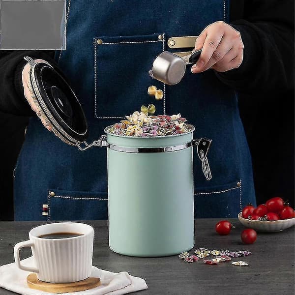 Kaffedåse, lufttæt kaffebeholder i rustfrit stål til køkkenet, fødevareopbevaring med ske, datotracker og CO2-ventil til bønner, malet kaffe, te