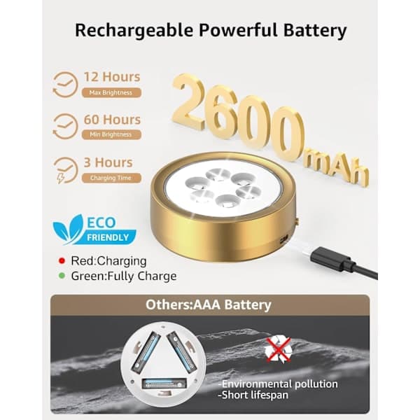 USB oppladbare bildelys, gull 2600mAh batteridrevne kunstlys for malerier trådløs lampe [DB]