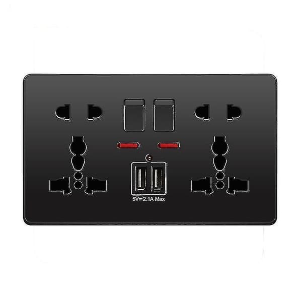 Multifunctional Wall Socket 13A with Push Button, 2.1A Dual USB Charging Ports, Three-Hole Two-Hole Home Wall Socket with Button Black Black