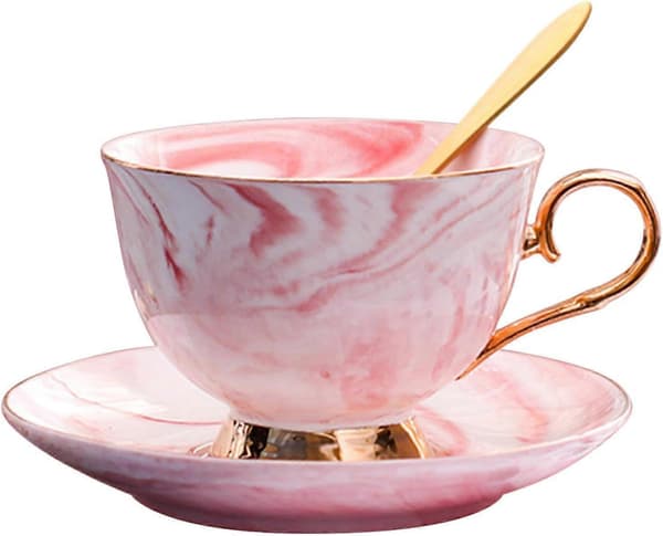 Marble Ceramic Cup and Saucer Set Camellia Patterned Bone China Coffee Mug Teacup Gold Rim with Coffee Cup, 200ml (Pink)