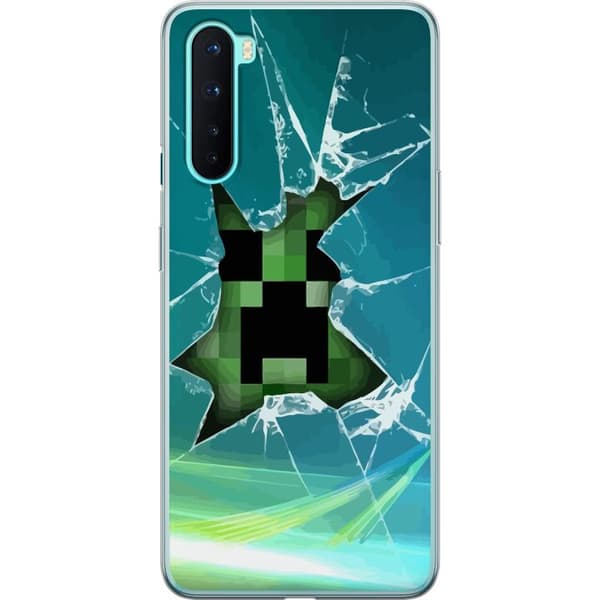 Compatible Phone Case for OnePlus Nord Minecraft Creeper through shattered glass with dramatic explosion effect where the iconic Creeper breaks through the surface in