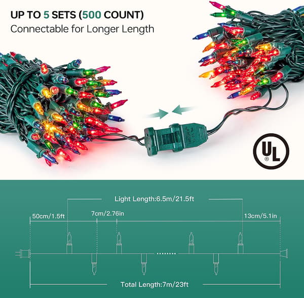 Christmas Lighting, Clear Outdoor Lighting, 2-pack 23FT 100 Green String Connectable Lights, UL Approved Christmas Tree Lights for
