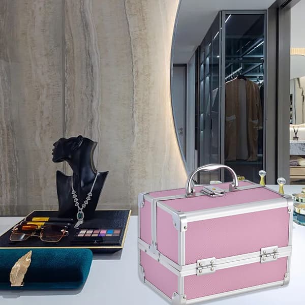 Cosmetic Box with Adjustable Compartments, Portable Makeup Case with Expandable Trays and Upright Mirror, Lockable Makeup Organizer
