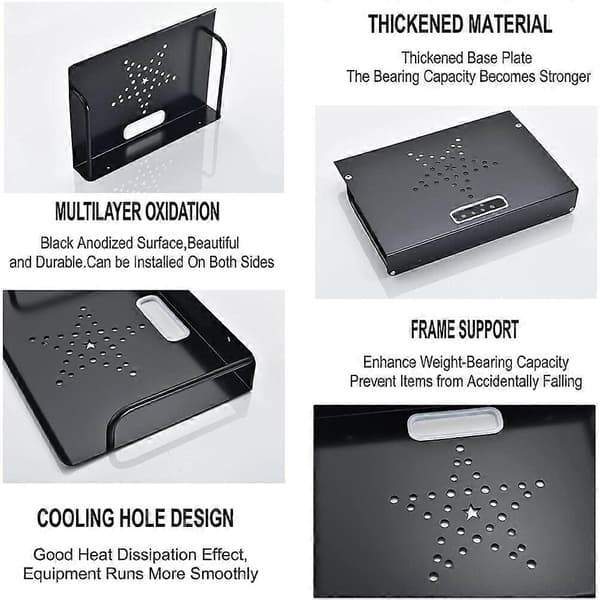 Vægmonteret flydende hylde til projektor og router, kabelstyring, ingen boring, sort aluminiumslegering