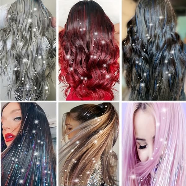 12 stk glitrende hår-tinsel clip-in extensions - glitrende hårtilbehør for kvinner - 19,6 tommer lang, syntetisk, varmebestandig, glittertråder.