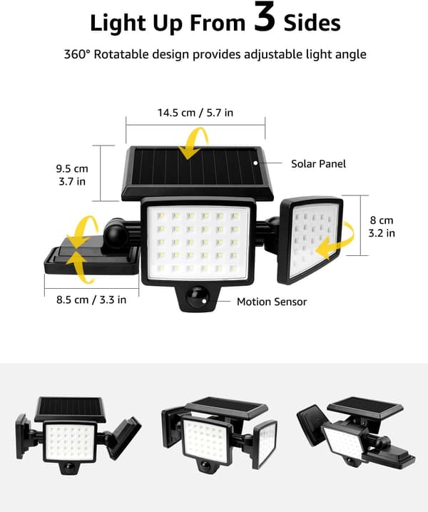 Wide-Angle Lighting Solar Security Light Outdoor, Upgraded Solar Panel Motion Sensor Flood Fixture with High-Capacity Battery, 360° Adjustable