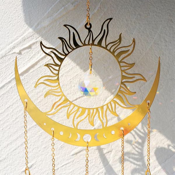 WJ123 Solfanger Krystalvindspil - Stor Sol og Måne Solfanger til Vinduesophæng Prisme Krystaller Boho Hjem Have Baghave R Prisme Sol